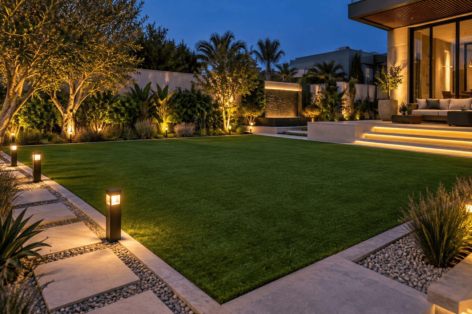 Garden lighting and artificial grass installation