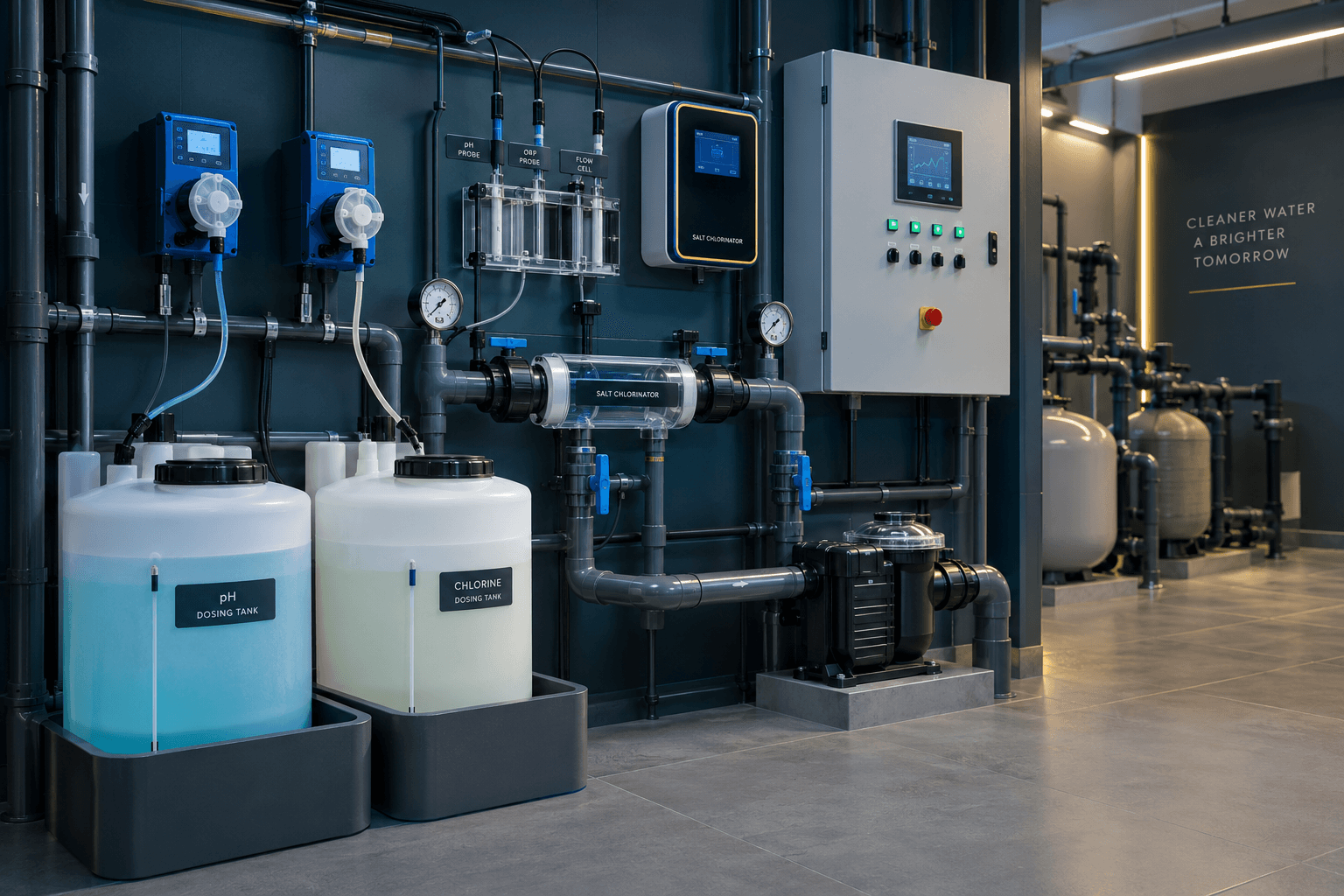 Pool water treatment dosing and salt chlorination equipment
