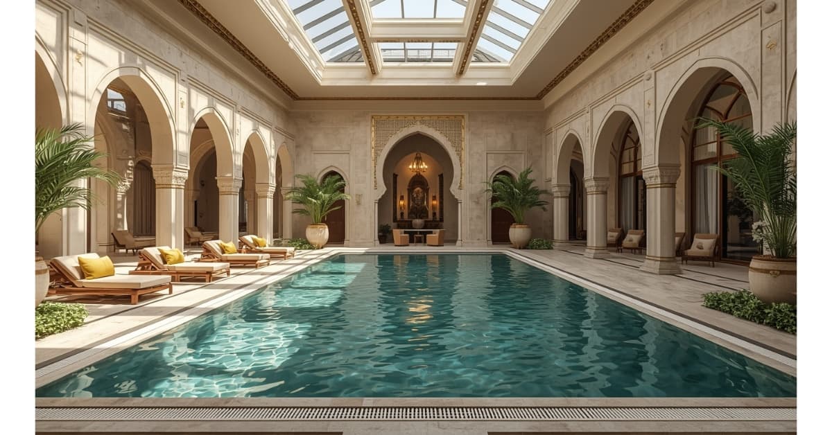 Luxury plunge pool in a modern Dubai villa courtyard, surrounded by tropical plants, elegant tile decking, and comfortable outdoor seating