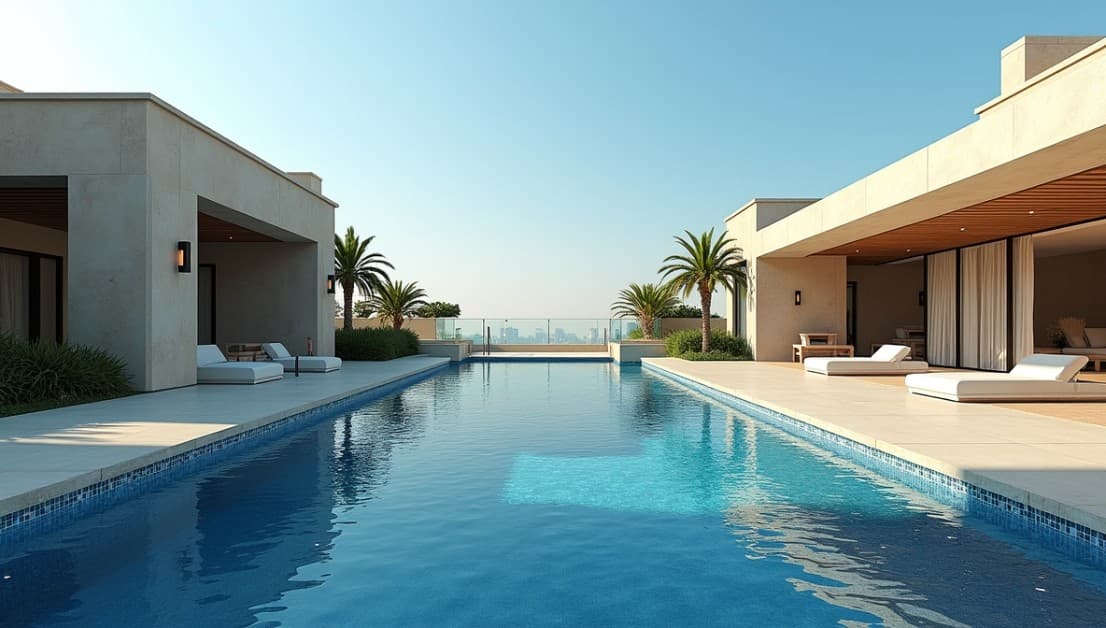 Professional pool technicians performing maintenance and repairs at a luxury swimming pool in Dubai