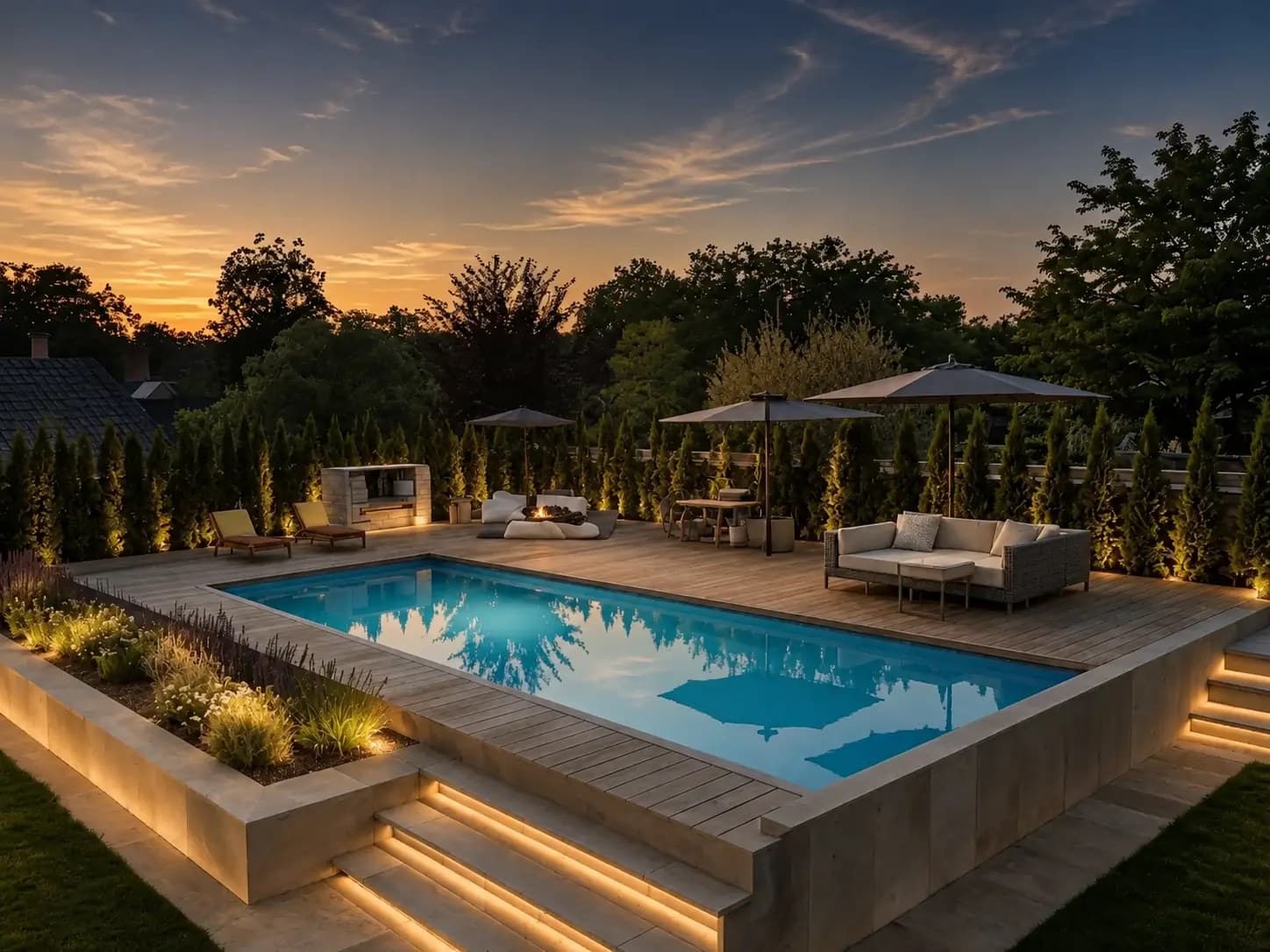 Landscaped outdoor swimming pool illustrating BAB ALFIZA’s pool expertise