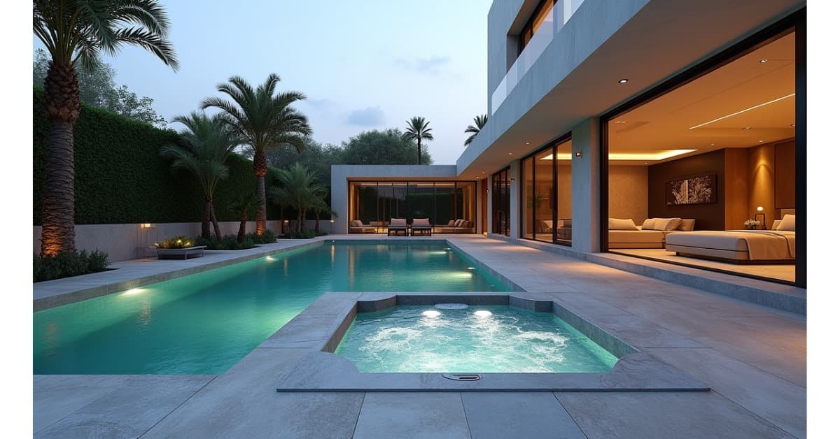 Luxury Jacuzzi spa installed beside a private Dubai villa swimming pool with modern landscaping, warm lighting, and a relaxing outdoor wellness area.