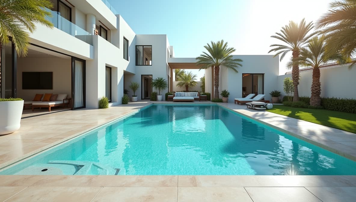 Dubai villa swimming pool prepared for extreme summer heat with clean water and maintained pool equipment