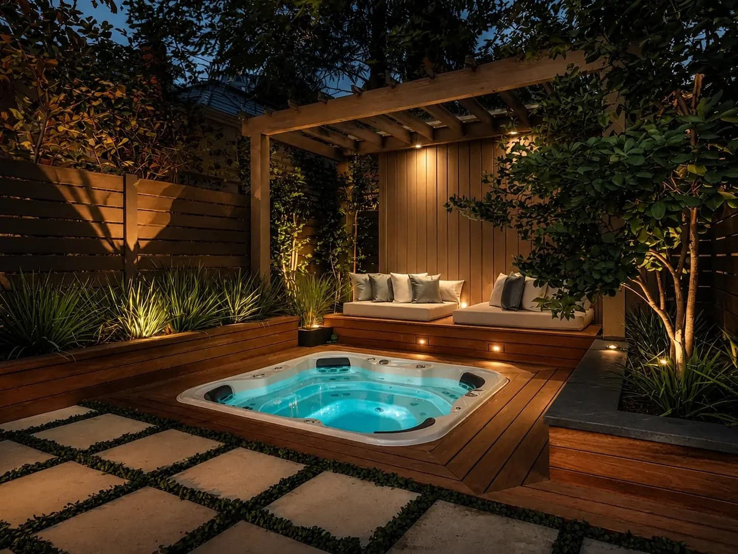 Outdoor jacuzzi connected to a swimming pool and landscaped garden