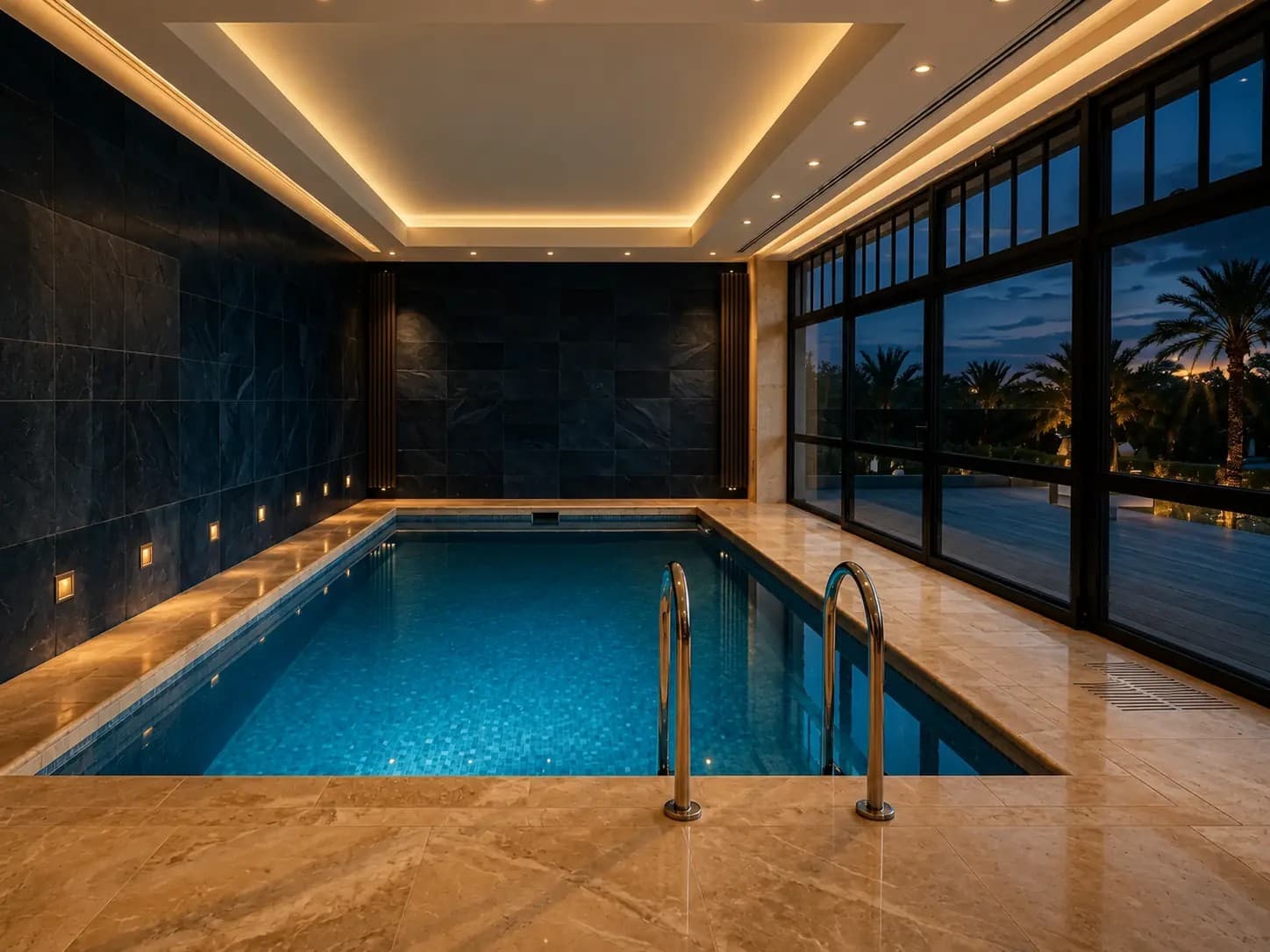 Indoor pool with balanced architectural lighting