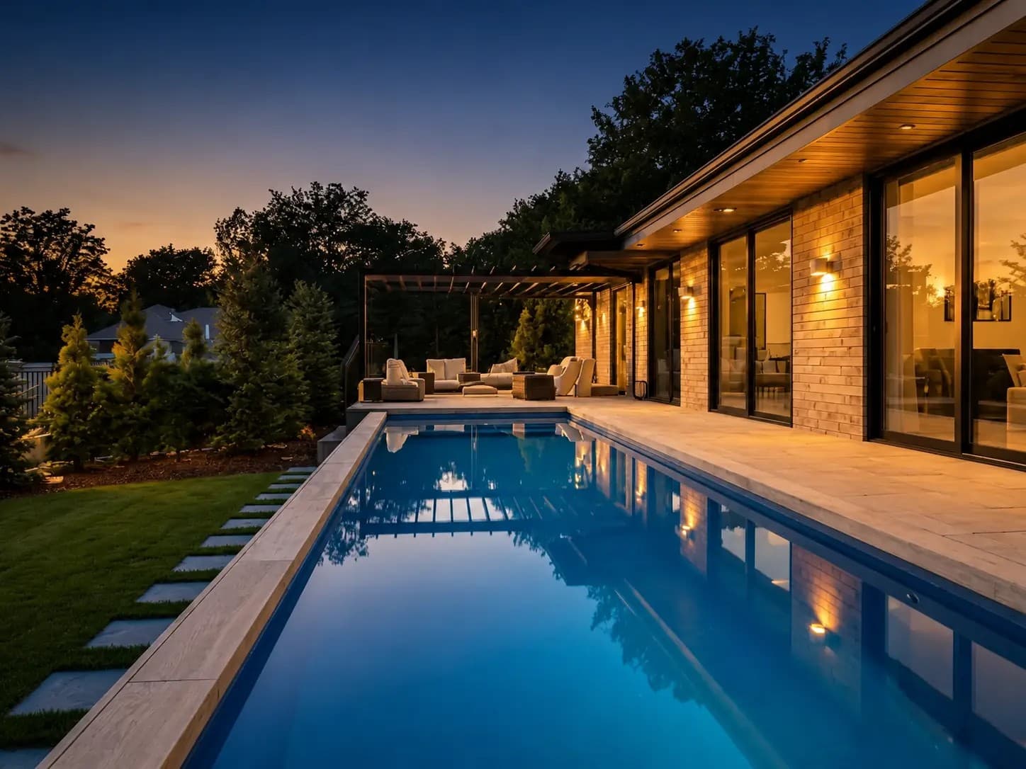 Outdoor villa pool with underwater lighting and warm lights along the building