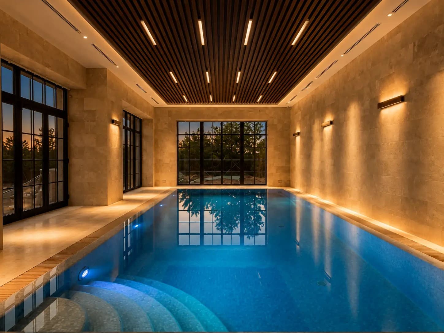 Indoor swimming pool with underwater lights and coordinated architectural lighting